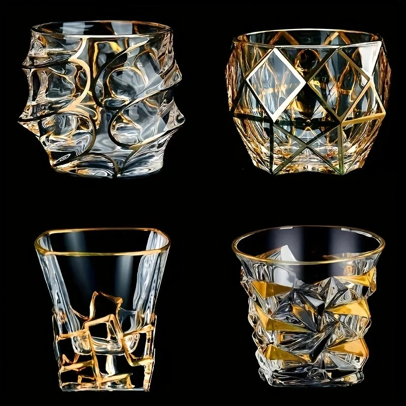 Conjunto de Copos de Whisky Cristal Premium com Fios de Ouro - Design Geométrico e Sofisticado