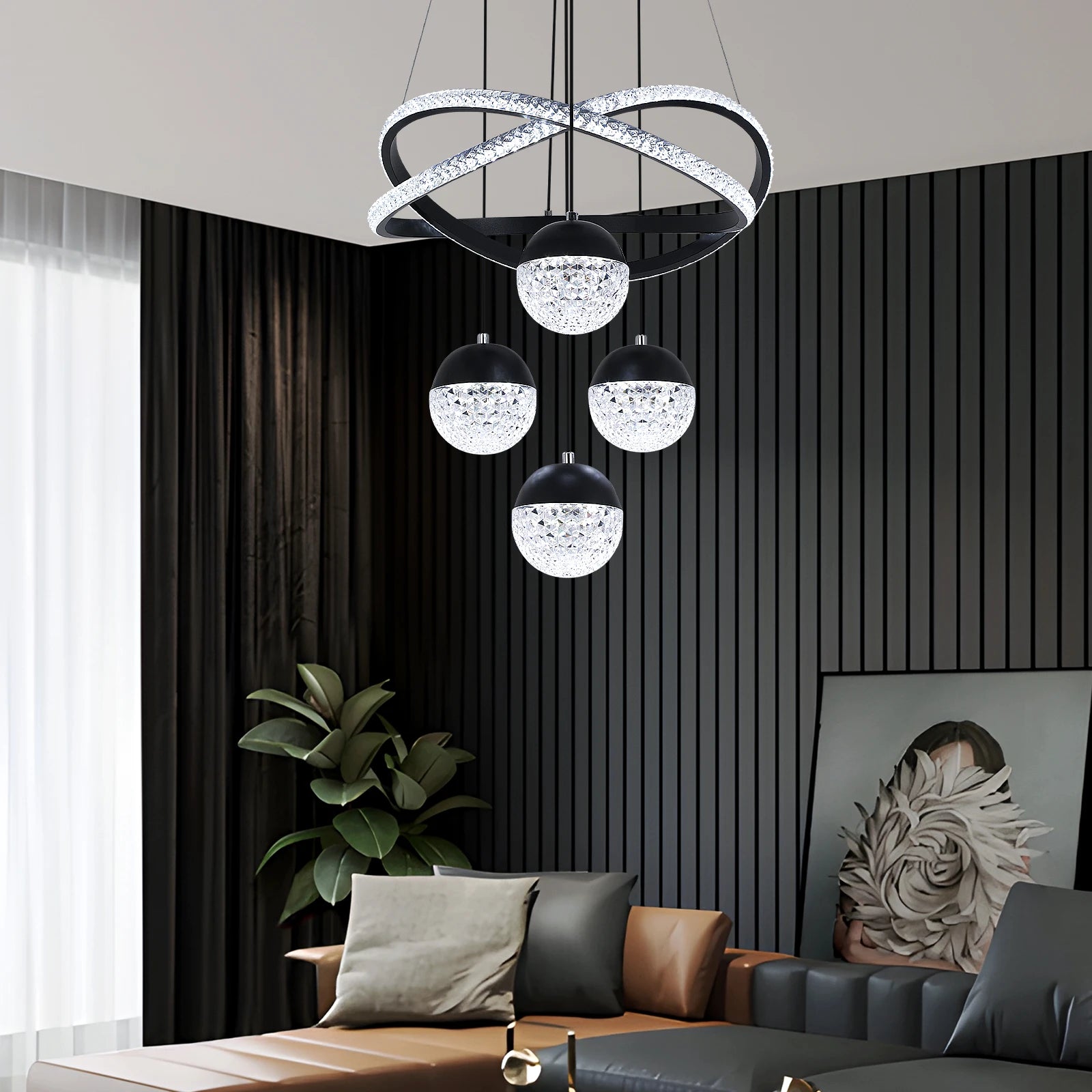 Pendente Lustre LED Círculos de Cristal e 4 Globos Dourados - Iluminação de Luxo para Ambientes Premium