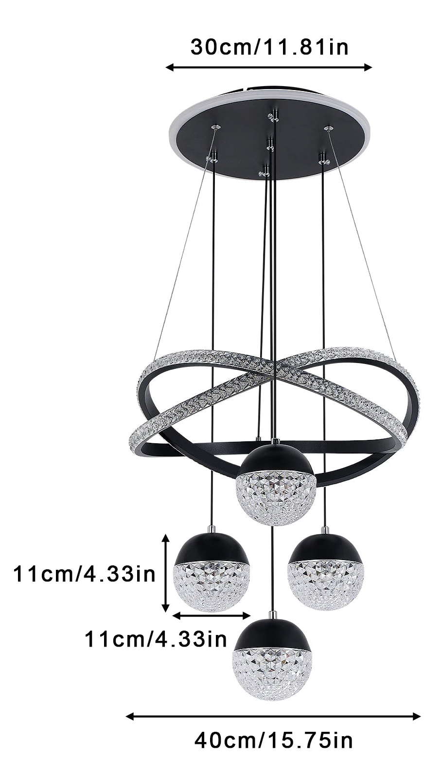 Pendente Lustre LED Círculos de Cristal e 4 Globos Dourados - Iluminação de Luxo para Ambientes Premium