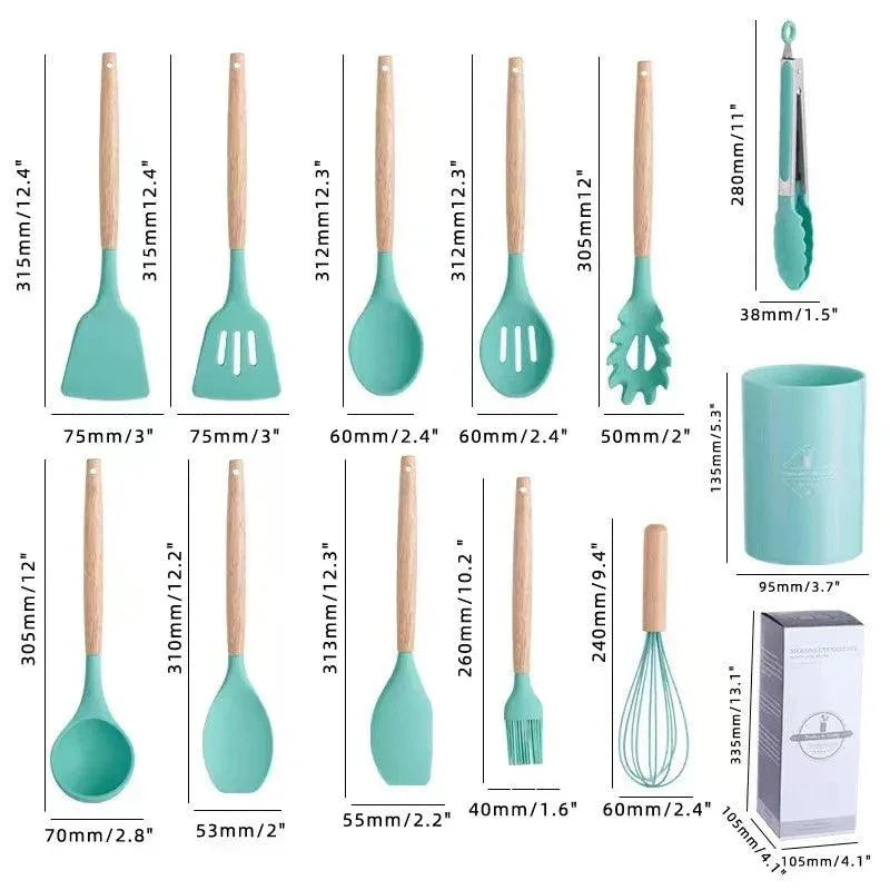 Conjunto de Cozinha de Silicone com Alça de Madeira Antiaderente 12 Peças Carpetino - Carpetino
