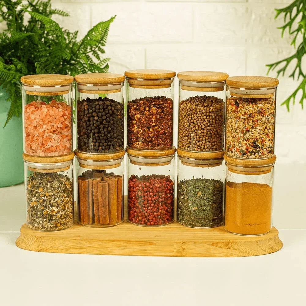 Kit 10 Potes de Vidro Redondo de Bambu