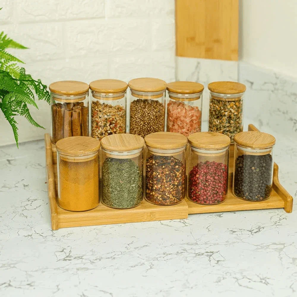 Kit 10 Potes de Vidro Redondo de Bambu