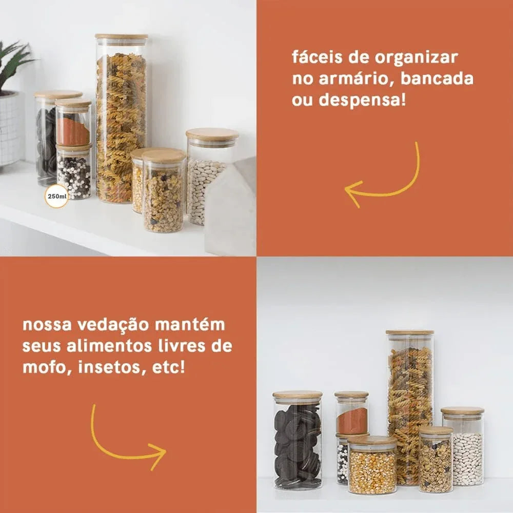 Kit 10 Potes de Vidro Redondo de Bambu