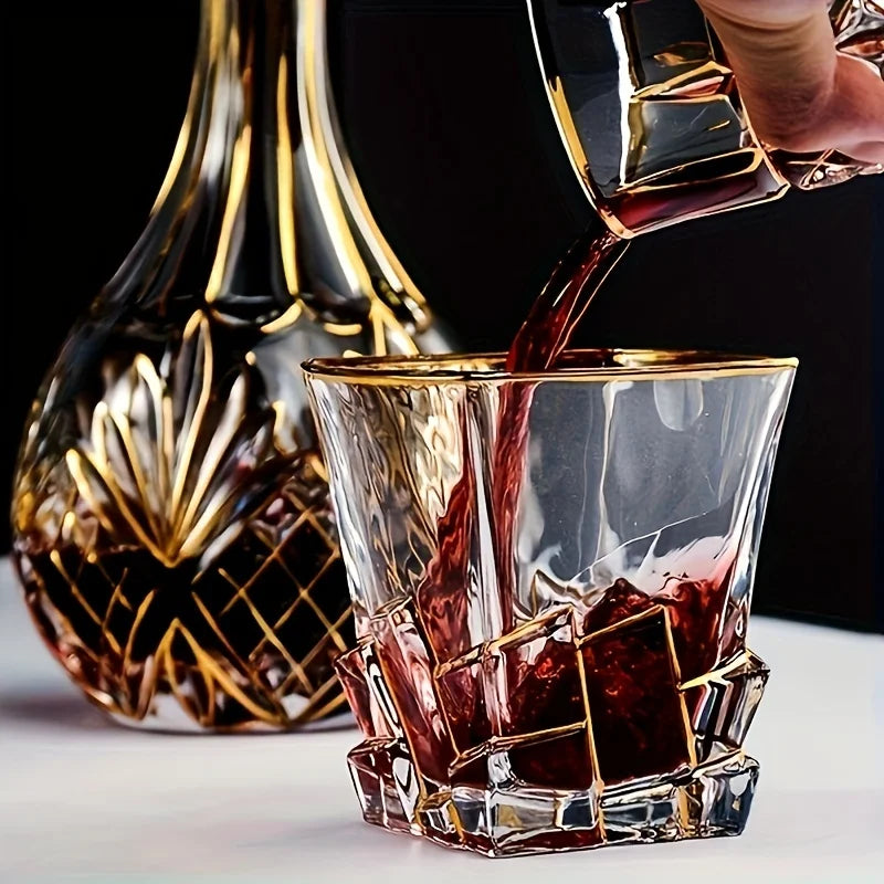Conjunto de Copos de Whisky Cristal Premium com Fios de Ouro - Design Geométrico e Sofisticado
