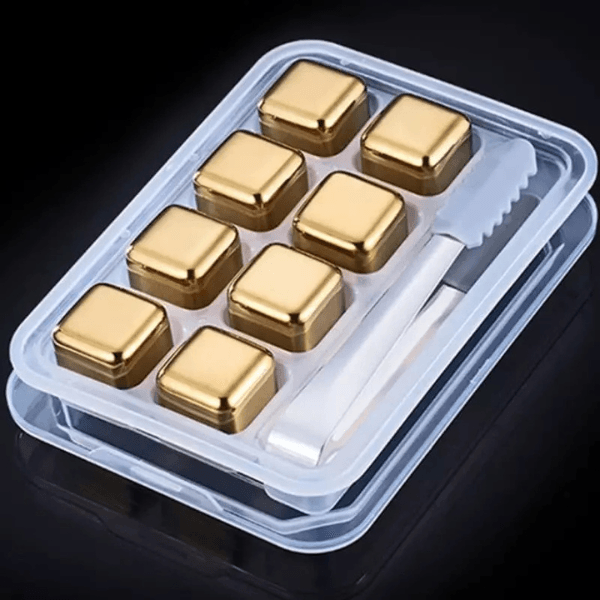 Cubos de Gelo Aço Inox Dourado Carpetino – Conjunto com Pegador Elegante