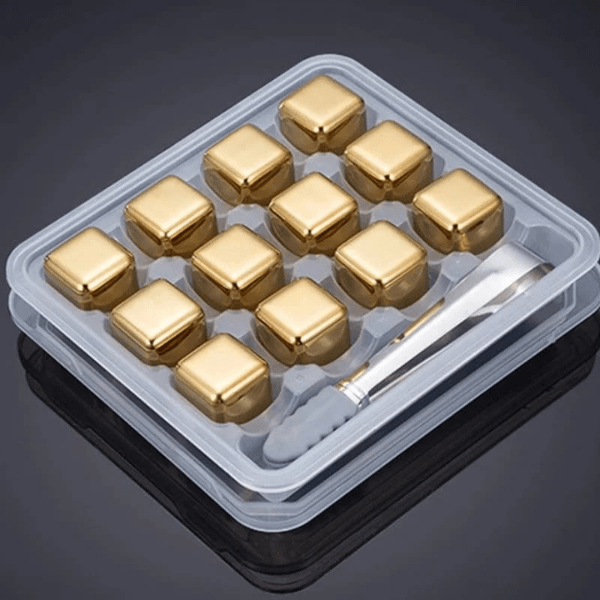 Cubos de Gelo Aço Inox Dourado Carpetino – Conjunto com Pegador Elegante