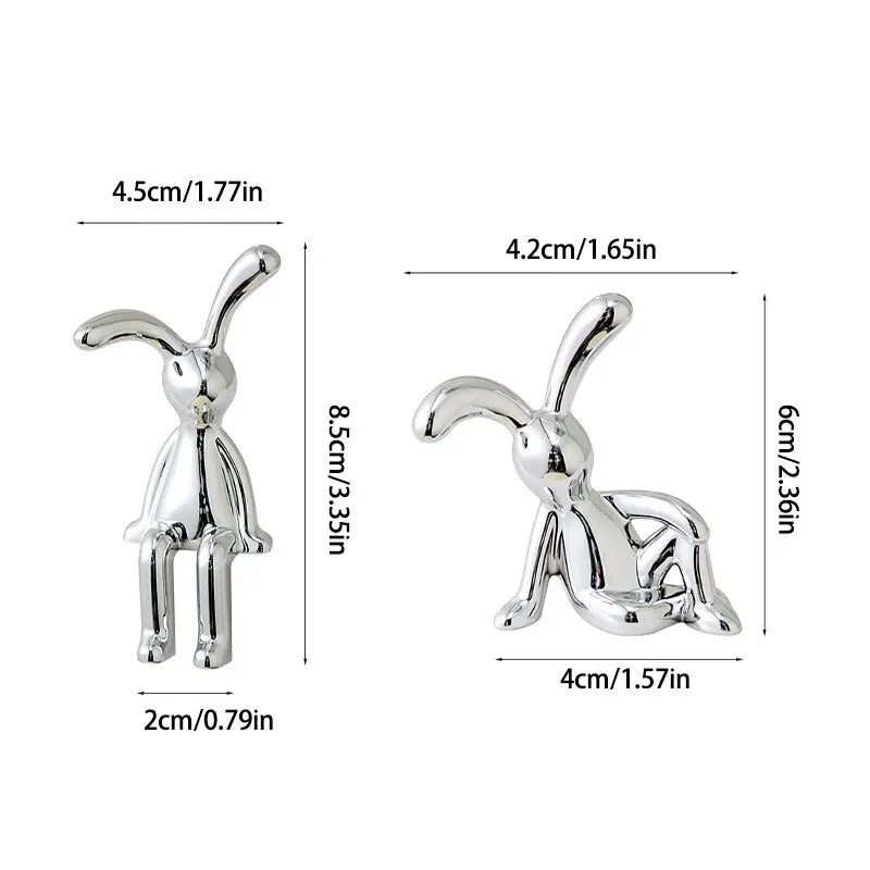 Dupla de Coelhos Decorativos Silver Minimalist – Esculturas Premium em Cerâmica Metalizada