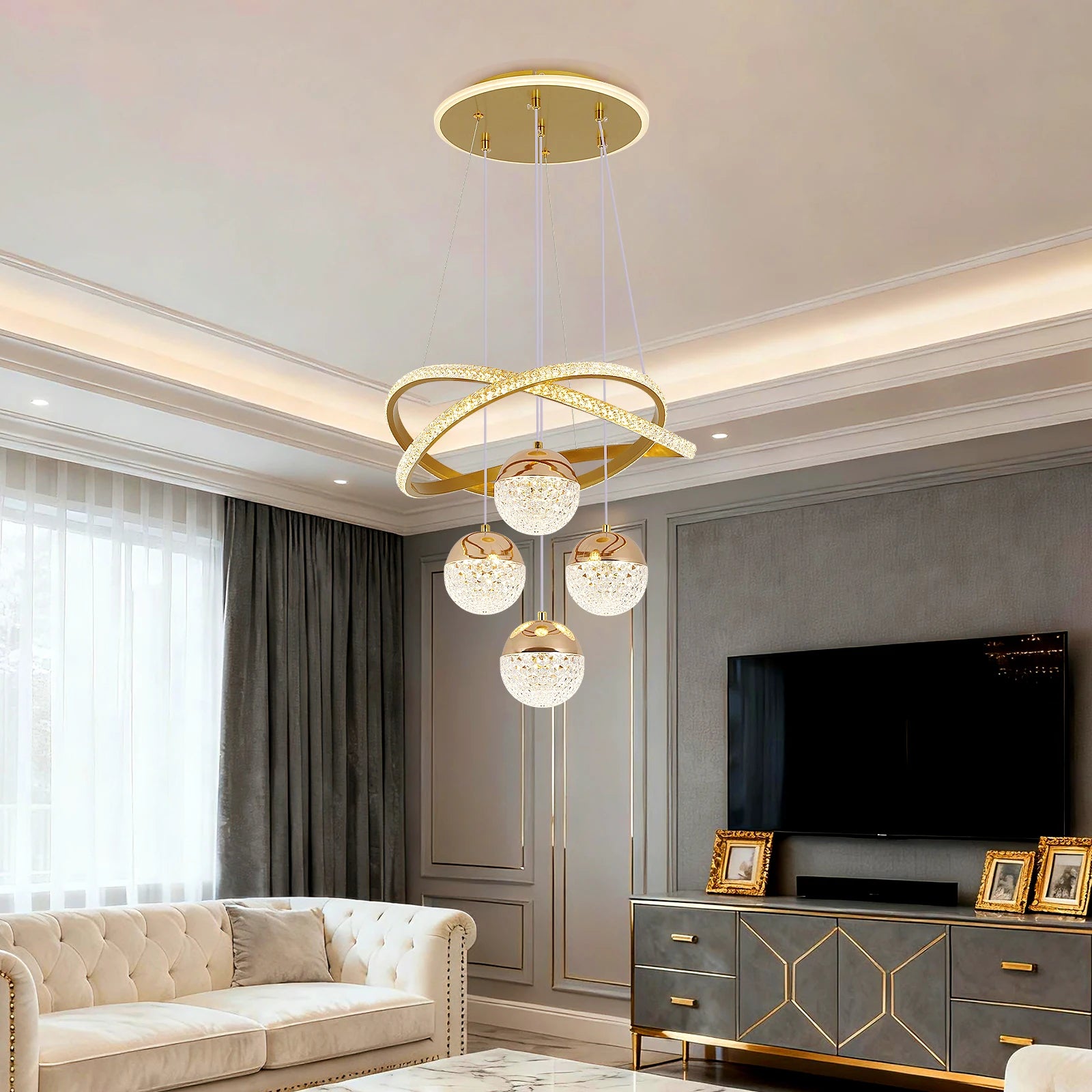 Pendente Lustre LED Círculos de Cristal e 4 Globos Dourados - Iluminação de Luxo para Ambientes Premium