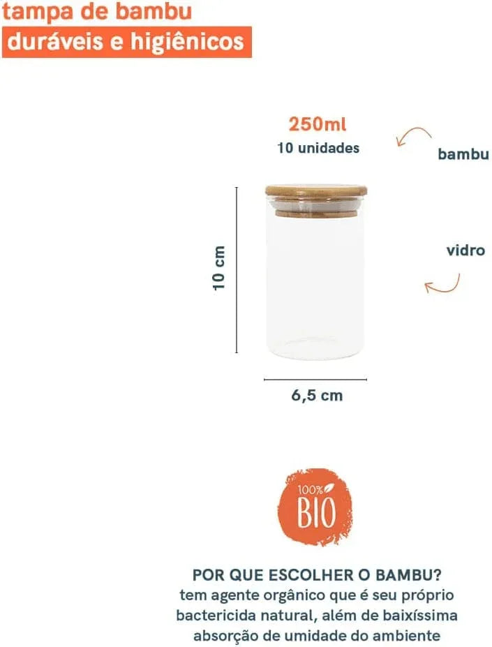 Kit 10 Potes de Vidro Redondo de Bambu