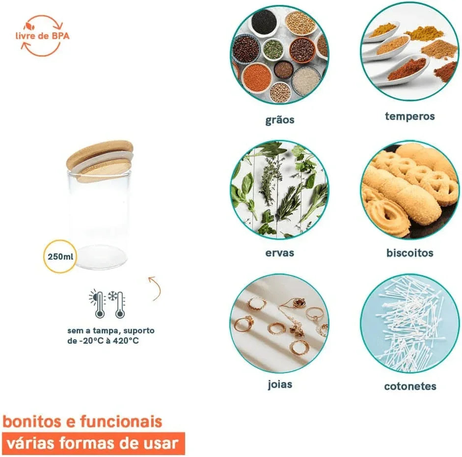 Kit 10 Potes de Vidro Redondo de Bambu